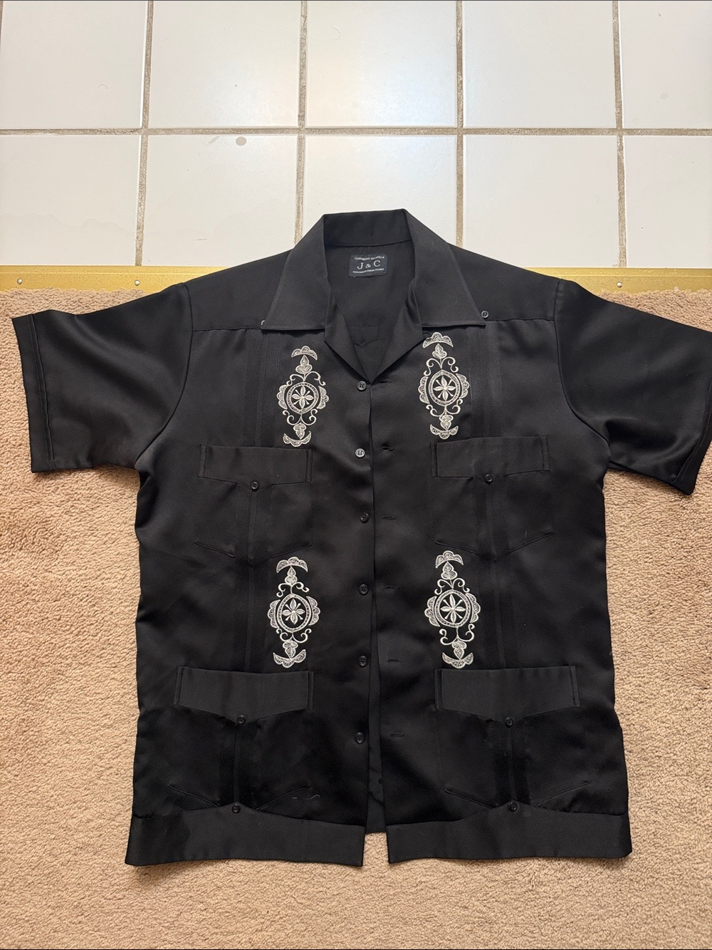 Black Short-Sleeve Embroidered Guayabera Shirt